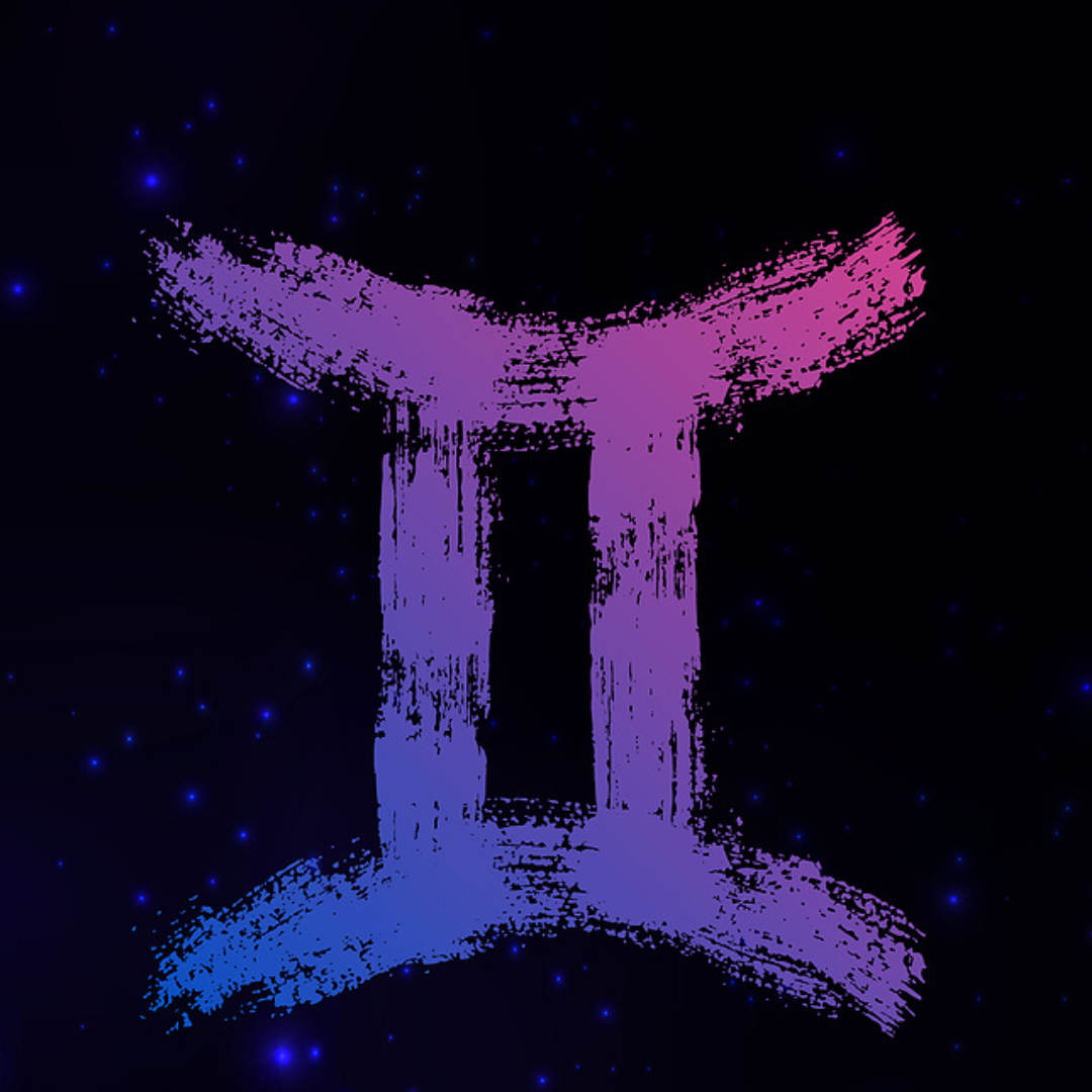 purple GEMINI symbol on a black background