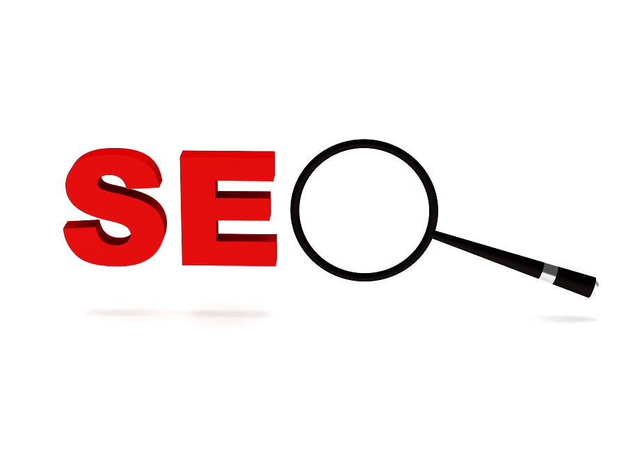 Seo graphic with letters in red and a magnifying glass for the letter O